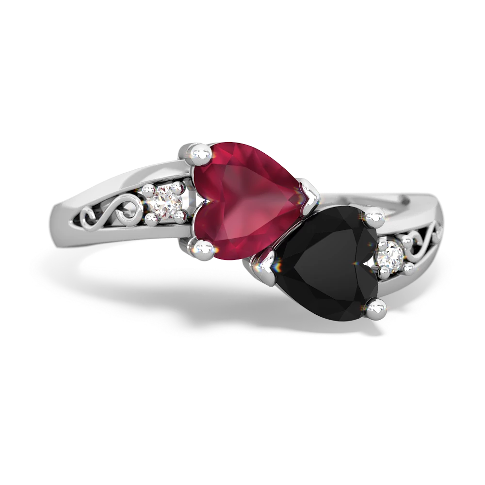 Ruby Snuggling Hearts 14K White Gold ring R2178