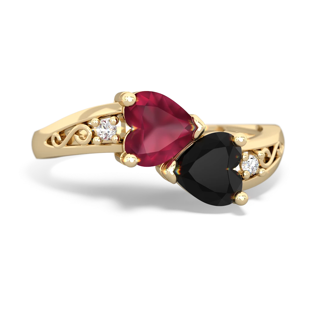 Ruby Snuggling Hearts 14K Yellow Gold ring R2178