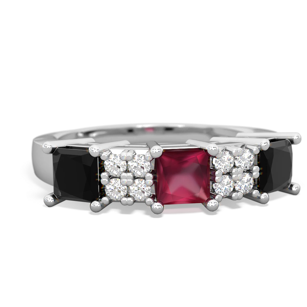 Ruby Three Stone Diamond Cluster 14K White Gold ring R2592