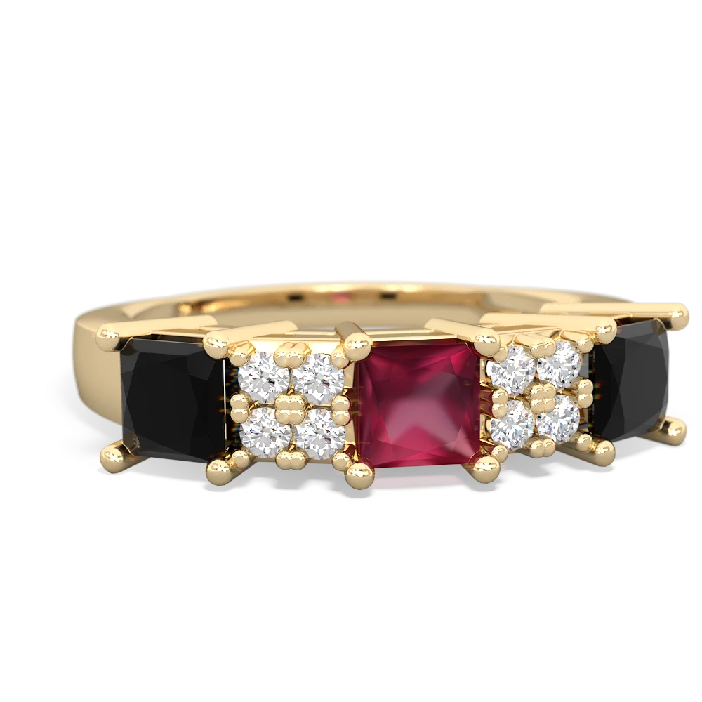 Ruby Three Stone Diamond Cluster 14K Yellow Gold ring R2592