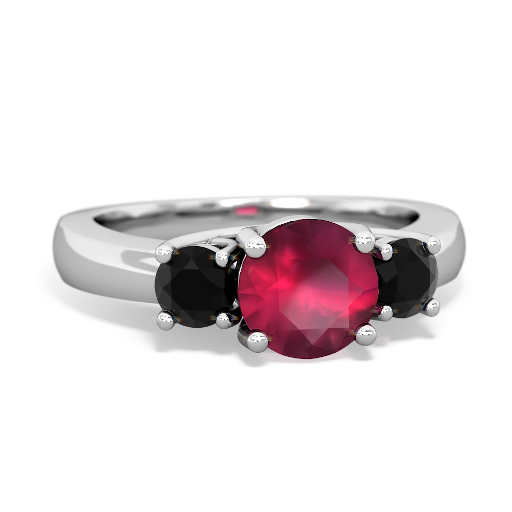 Ruby Three Stone Round Trellis 14K White Gold ring R4018