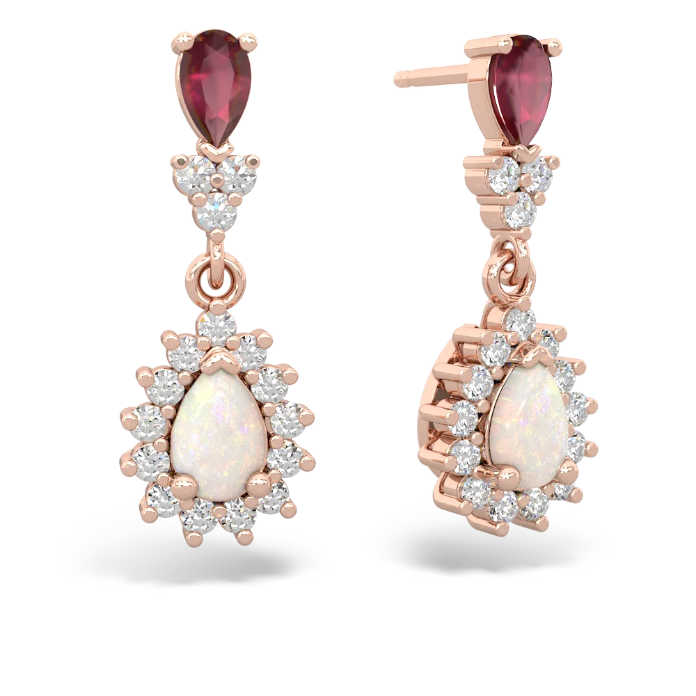 Ruby Halo Pear Dangle 14K Rose Gold earrings E1882