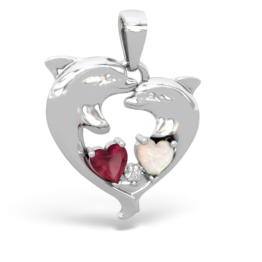 Ruby Dolphin Heart 14K White Gold pendant P5820