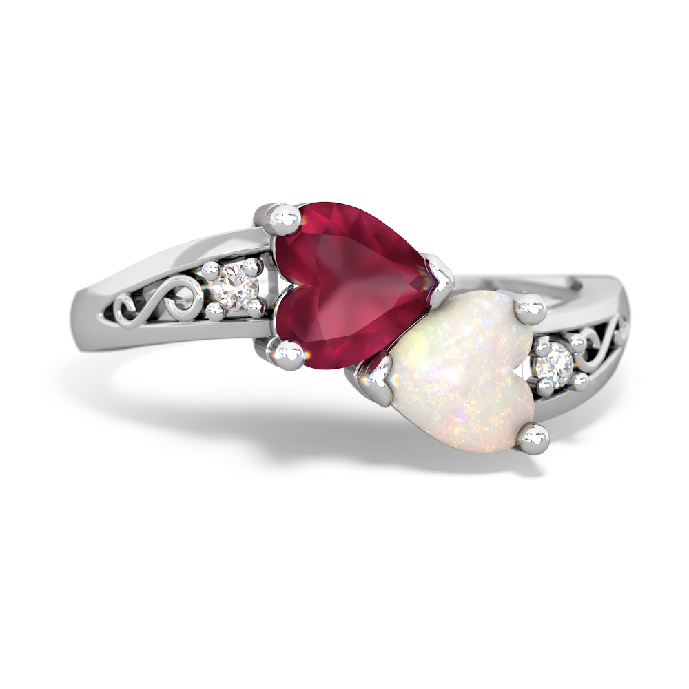 Ruby Snuggling Hearts 14K White Gold ring R2178