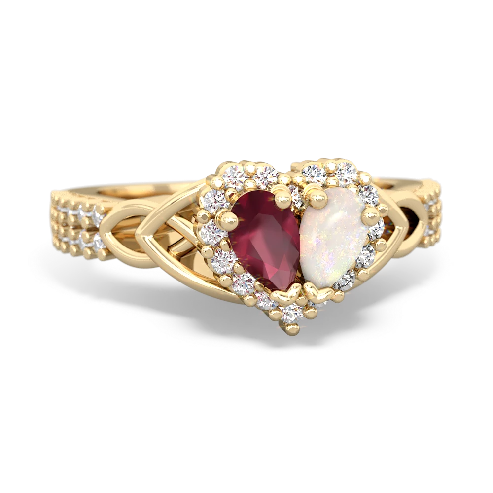 Ruby Celtic Knot Two Hearts As One 14K Yellow Gold ring R2644HRT