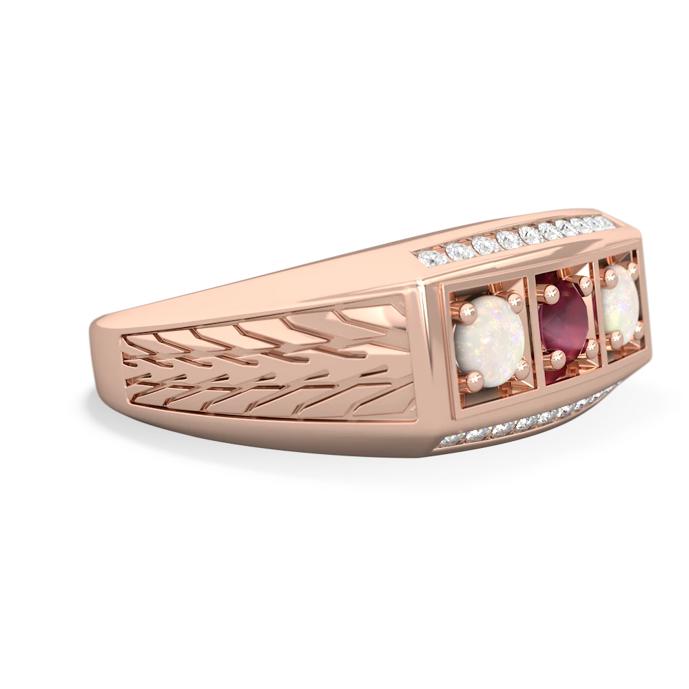 Ruby Three Stone Tire Tread Men's 14K Rose Gold ring R0520
