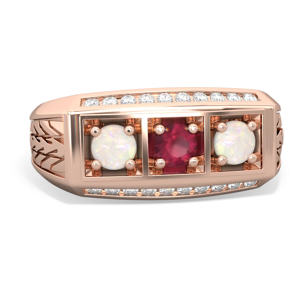 Ruby Three Stone Tire Tread Men's 14K Rose Gold ring R0520