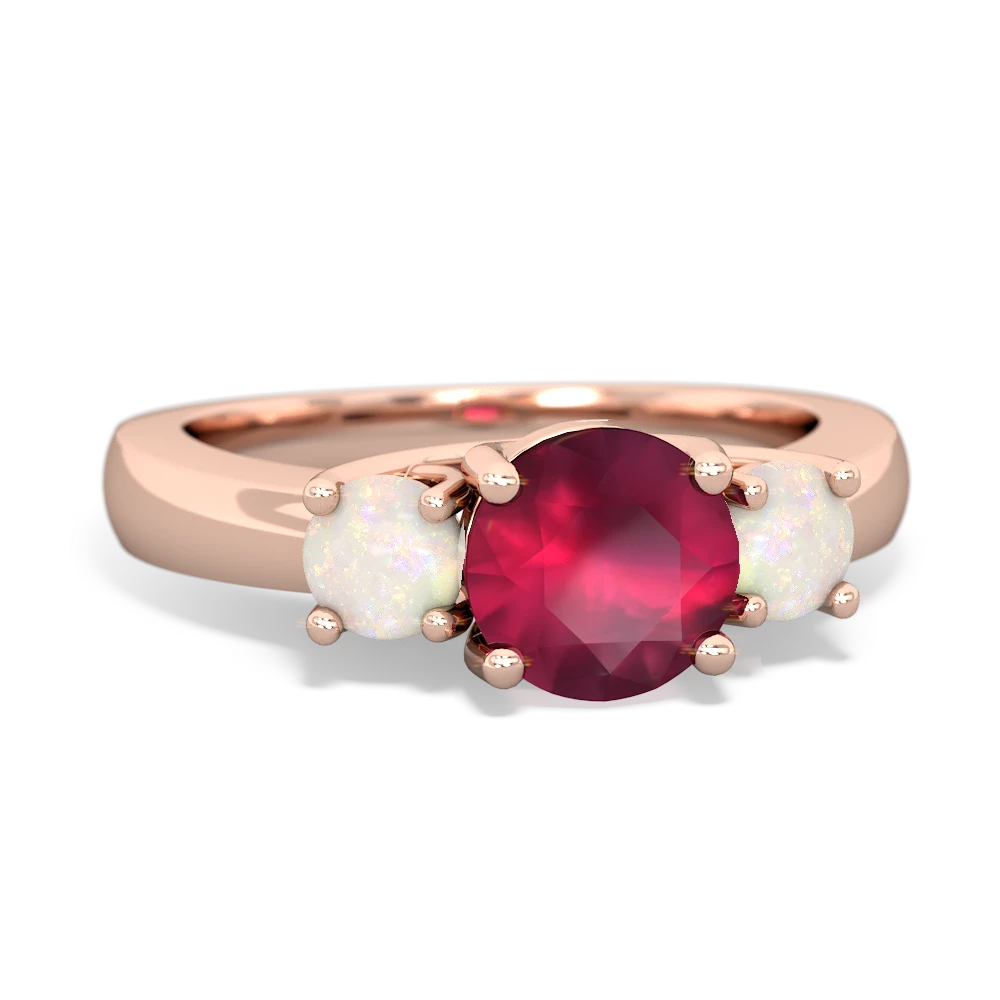 Ruby Three Stone Round Trellis 14K Rose Gold ring R4018