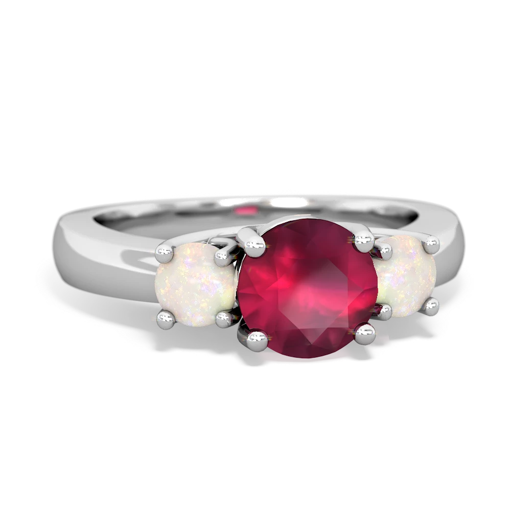 Ruby Three Stone Round Trellis 14K White Gold ring R4018