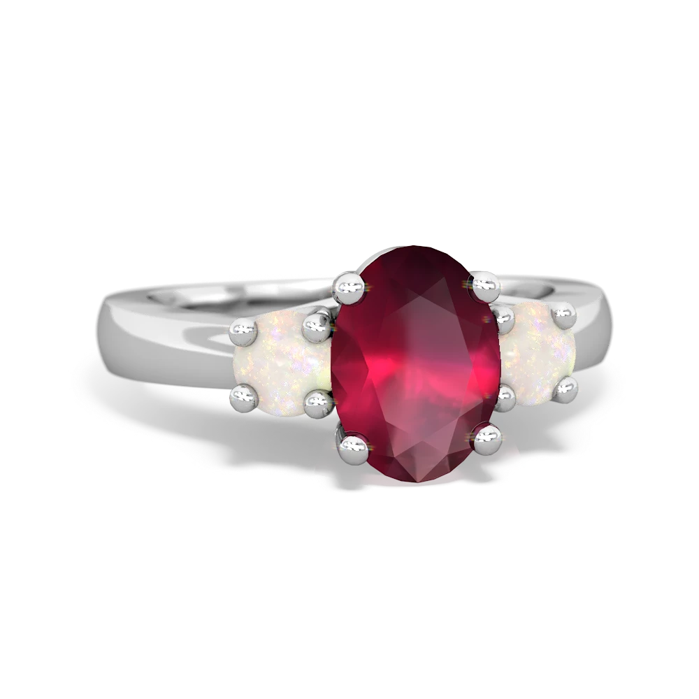 Ruby Three Stone Oval Trellis 14K White Gold ring R4024