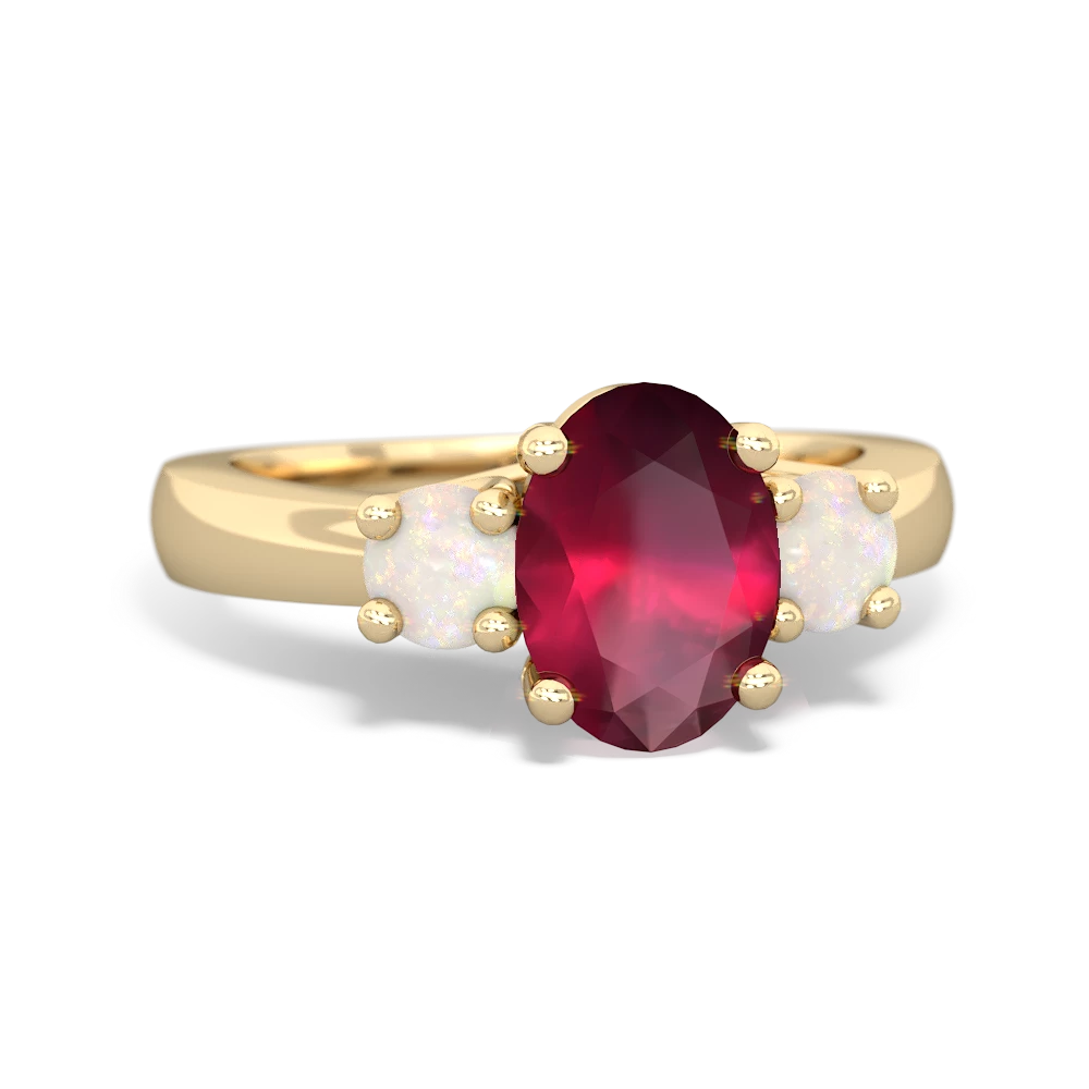 Ruby Three Stone Oval Trellis 14K Yellow Gold ring R4024