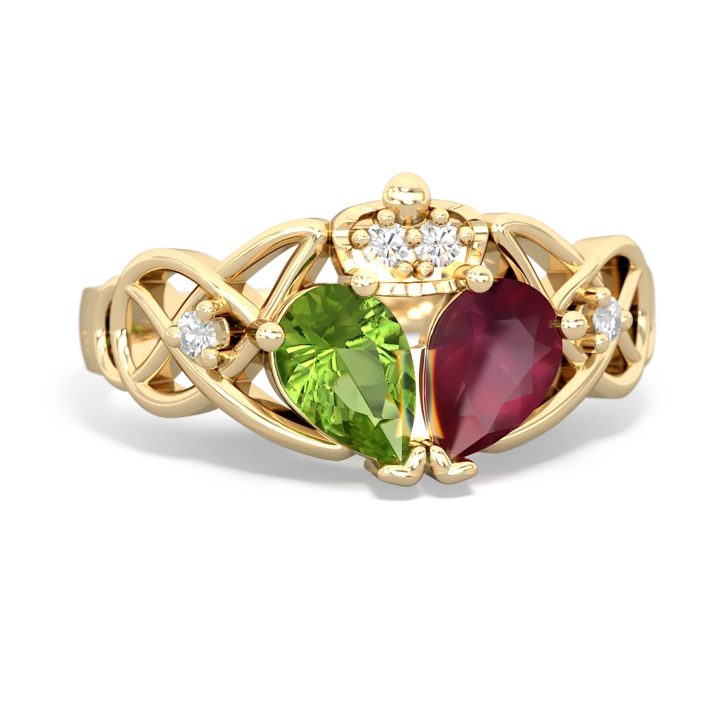 Ruby 'One Heart' Celtic Knot Claddagh 14K Yellow Gold ring R5322