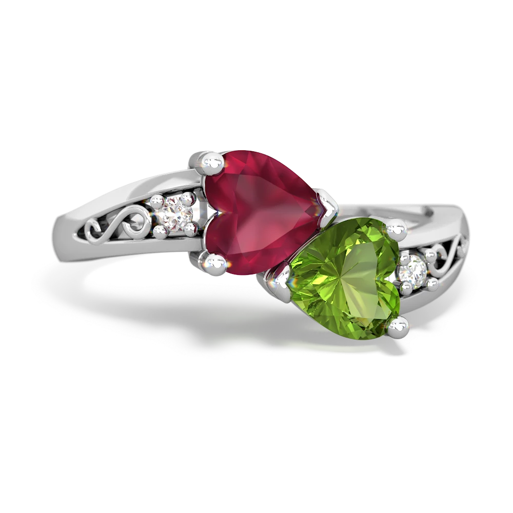 Ruby Snuggling Hearts 14K White Gold ring R2178