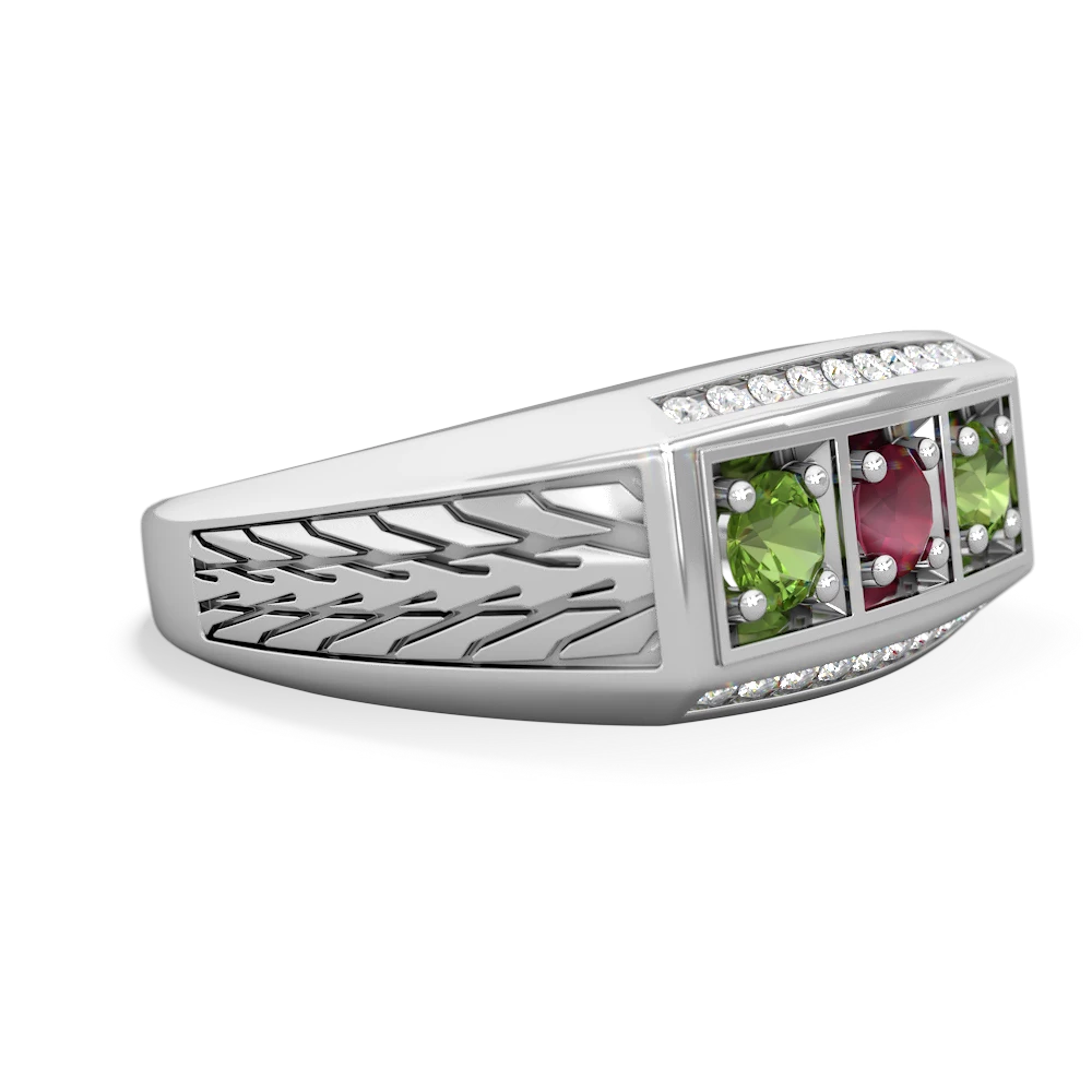 Ruby Three Stone Tire Tread Men's 14K White Gold ring R0520