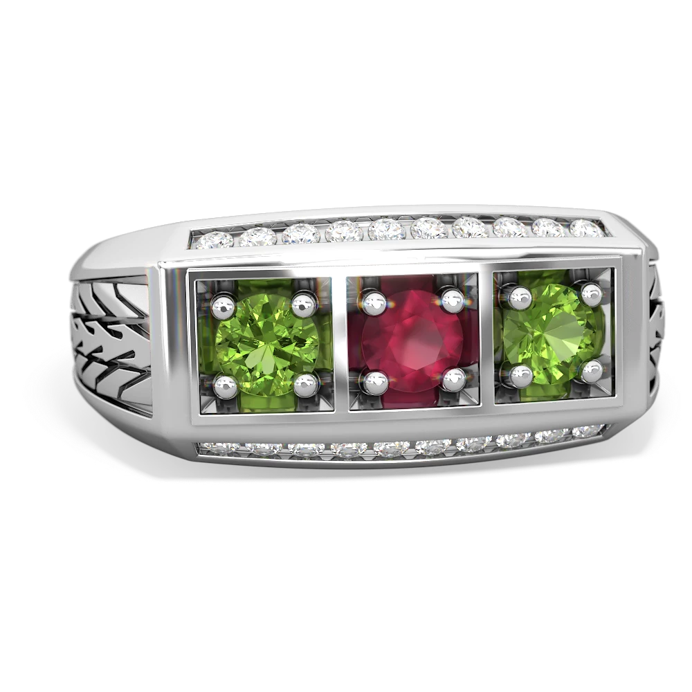 Ruby Three Stone Tire Tread Men's 14K White Gold ring R0520