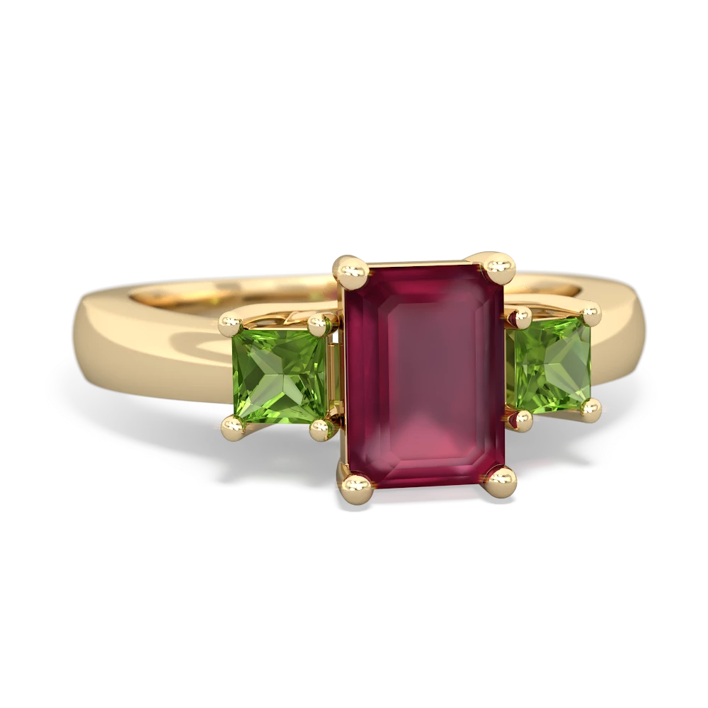 Ruby Three Stone Emerald-Cut Trellis 14K Yellow Gold ring R4021