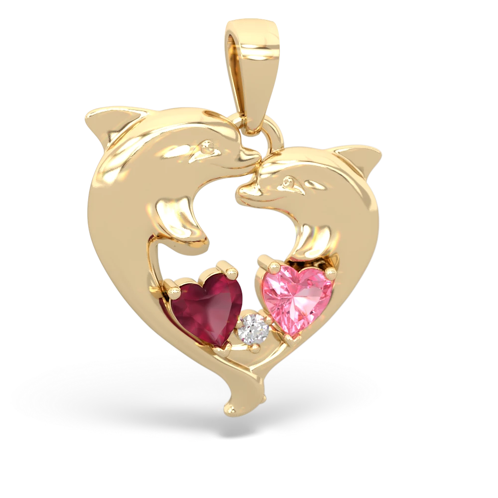 Ruby Dolphin Heart 14K Yellow Gold pendant P5820