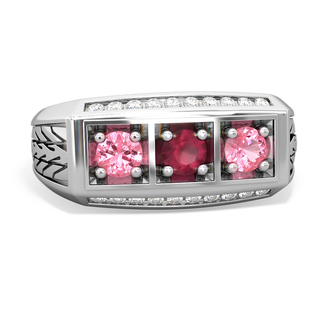 Ruby Three Stone Tire Tread Men's 14K White Gold ring R0520