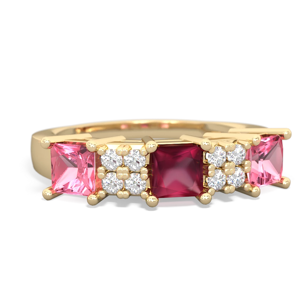 Ruby Three Stone Diamond Cluster 14K Yellow Gold ring R2592