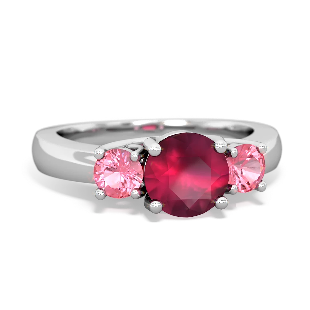 Ruby Three Stone Round Trellis 14K White Gold ring R4018