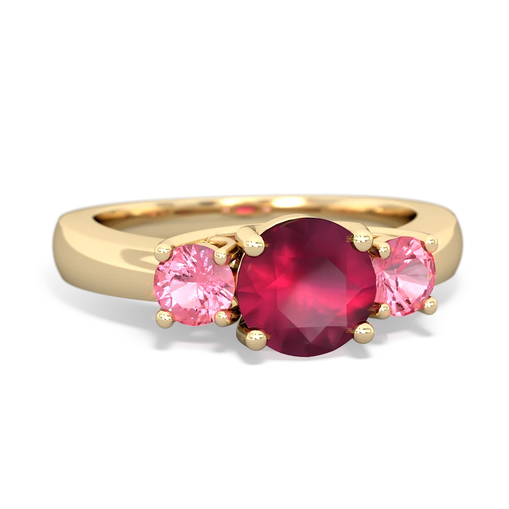 Ruby Three Stone Round Trellis 14K Yellow Gold ring R4018