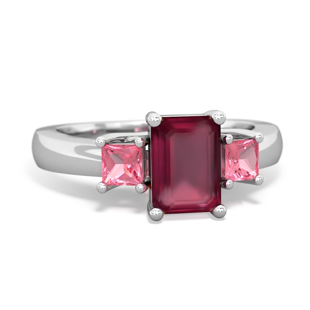 Ruby Three Stone Emerald-Cut Trellis 14K White Gold ring R4021