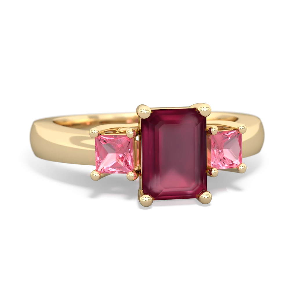 Ruby Three Stone Emerald-Cut Trellis 14K Yellow Gold ring R4021