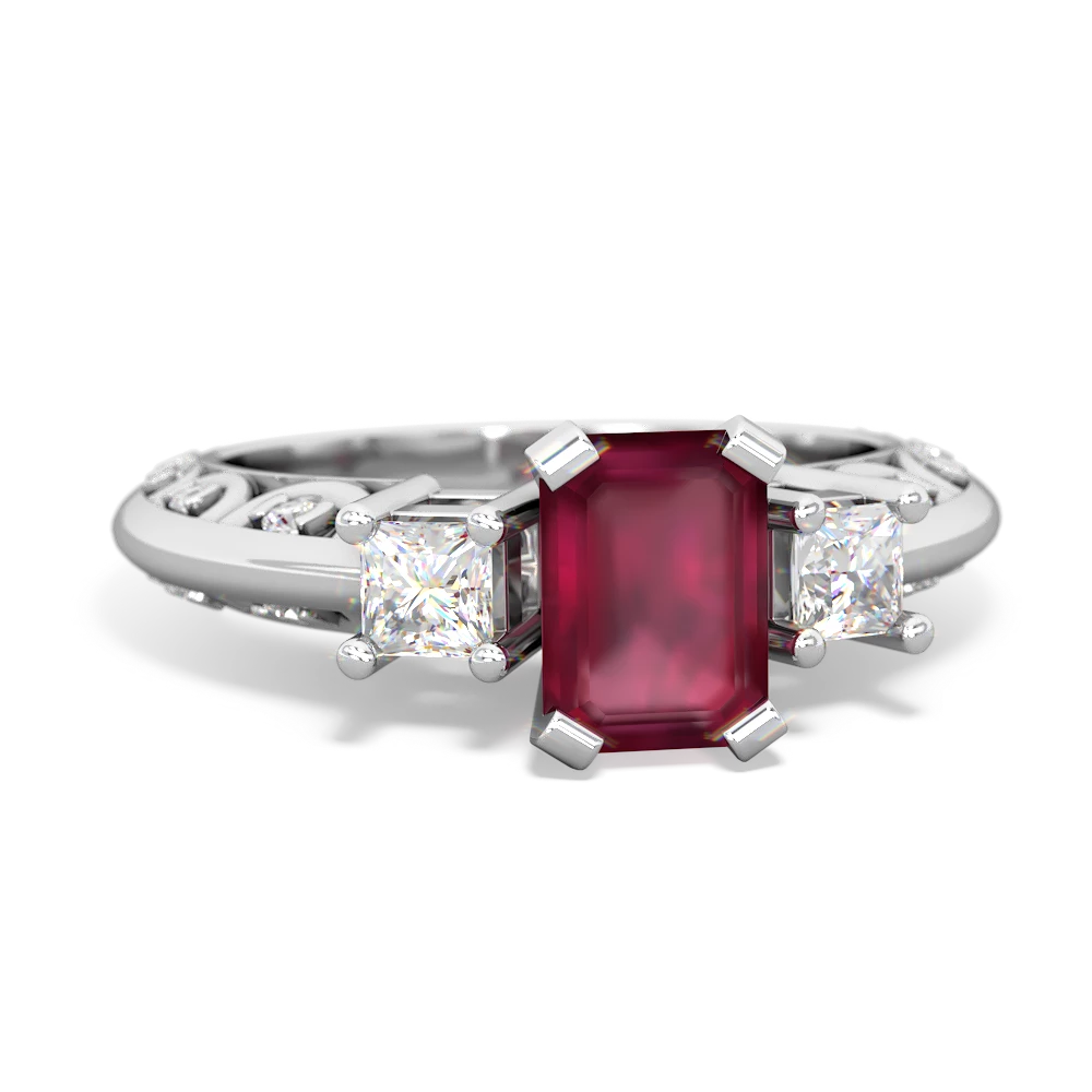 Ruby Art Deco Diamond 7X5 Emerald-Cut Engagement 14K White Gold ring R20017EM