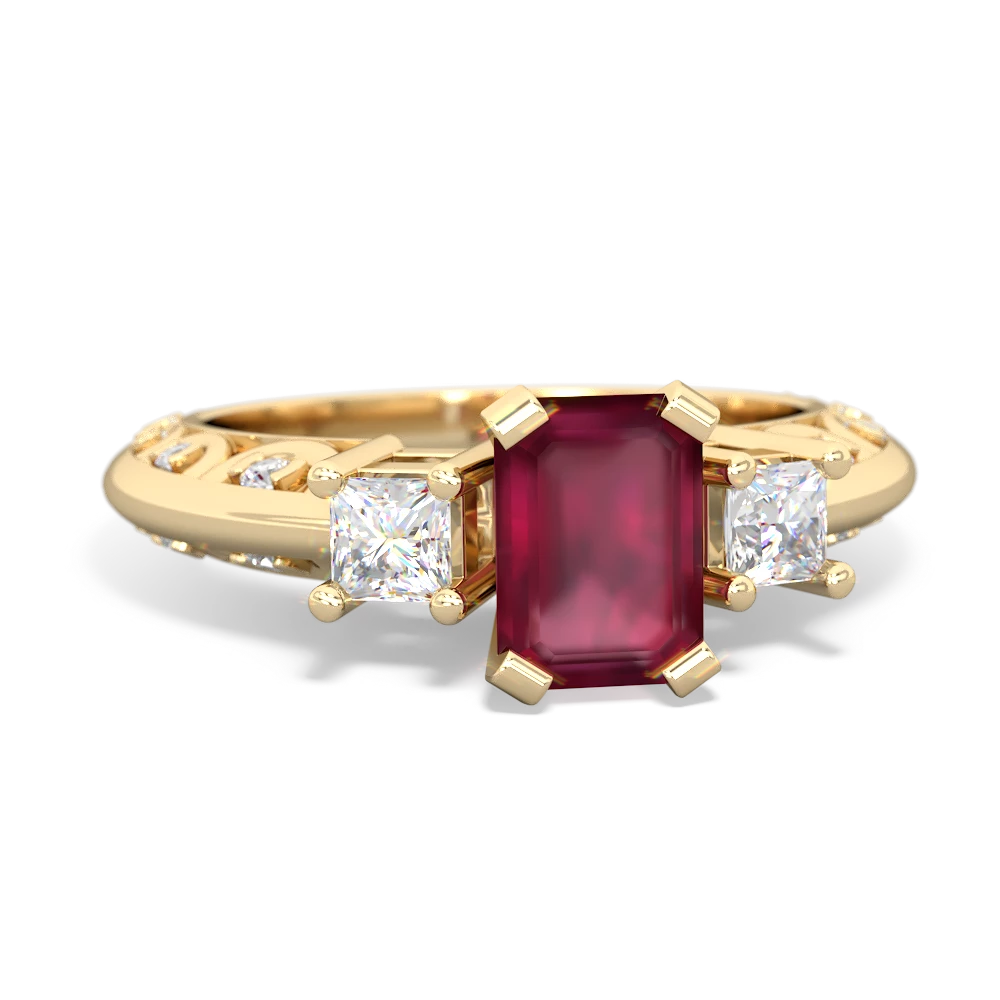 Ruby Art Deco Diamond 7X5 Emerald-Cut Engagement 14K Yellow Gold ring R20017EM