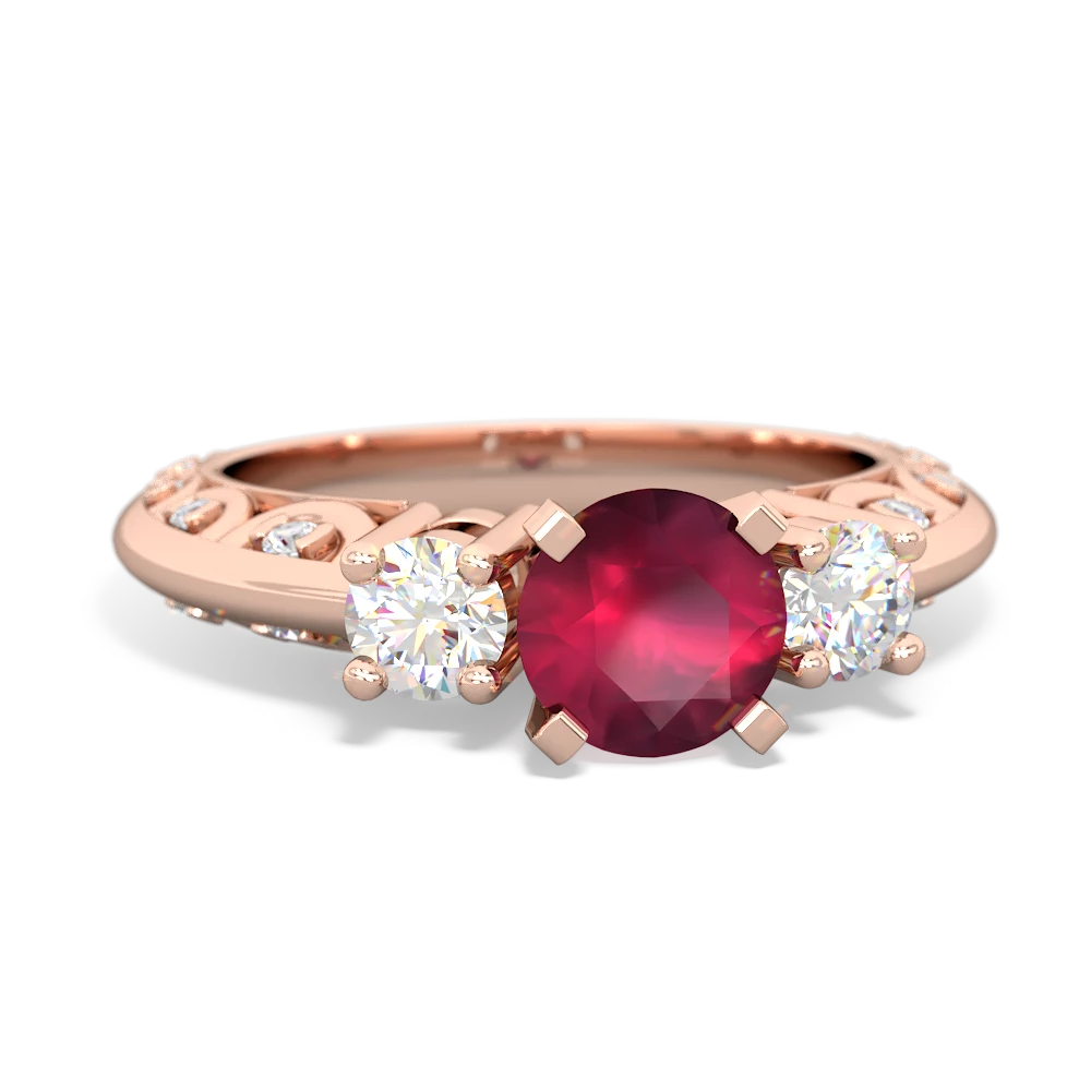 Ruby Art Deco Diamond 6Mm Round Engagment 14K Rose Gold ring R2003