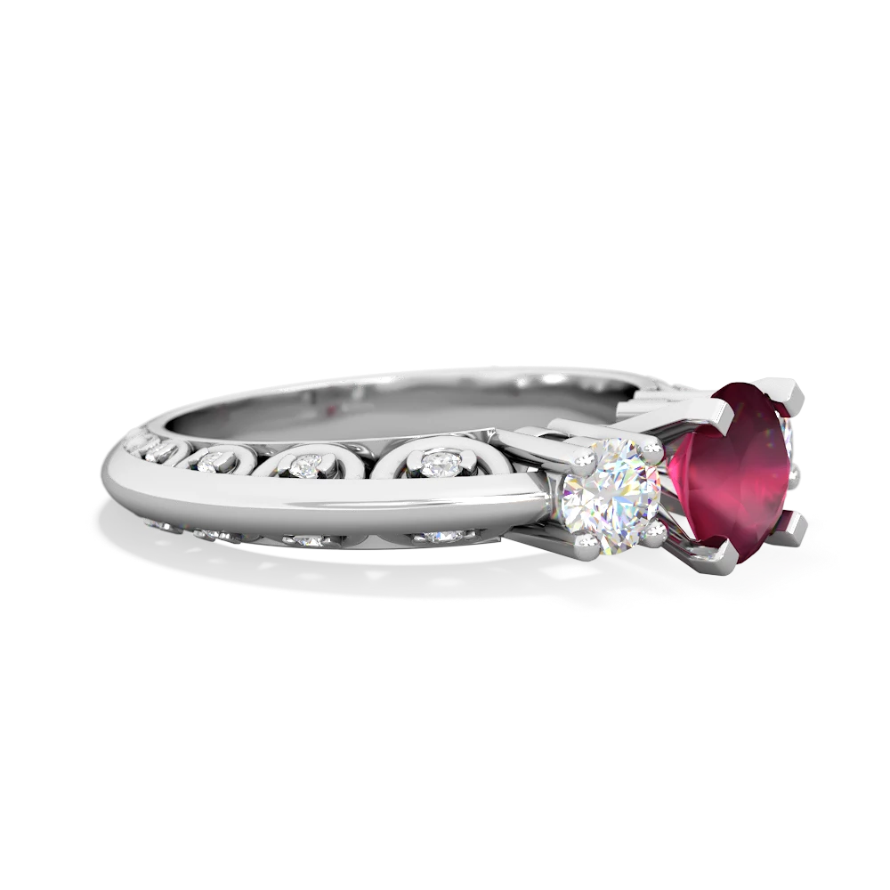 Ruby Art Deco Diamond 6Mm Round Engagment 14K White Gold ring R2003