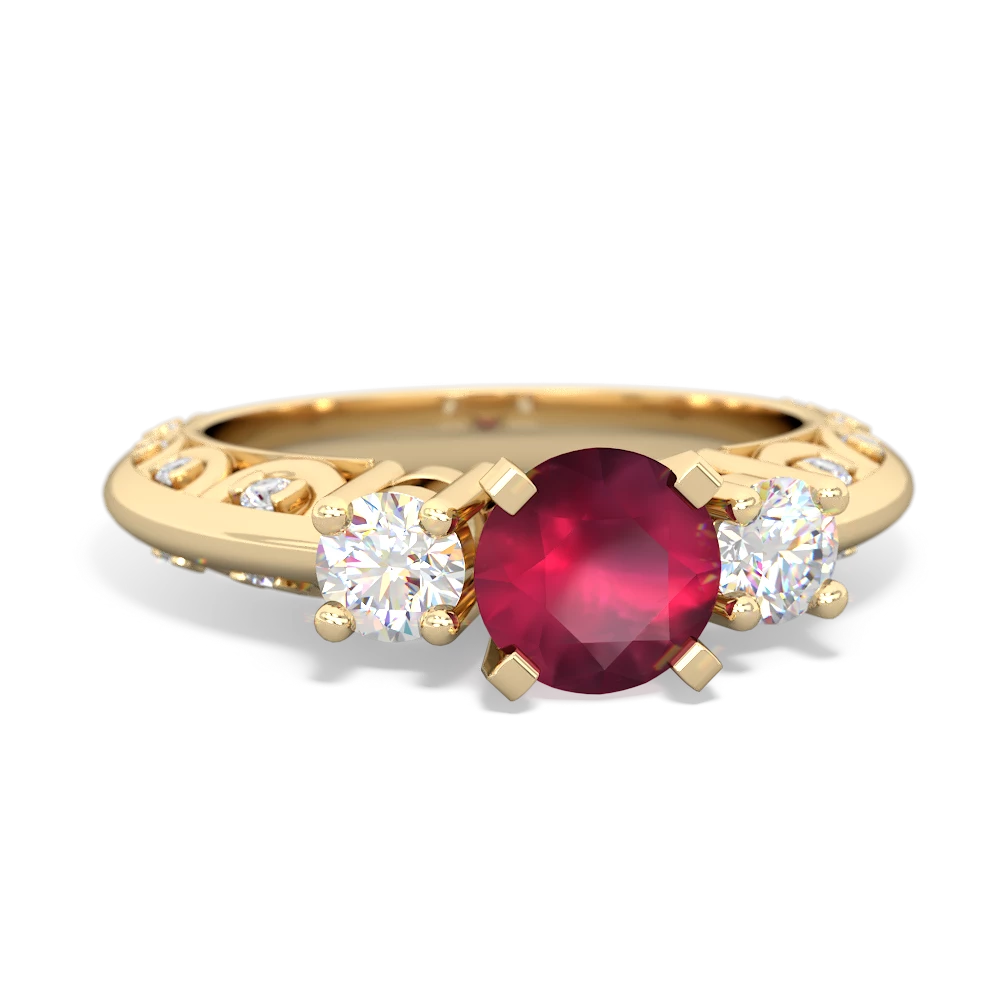 Ruby Art Deco Diamond 6Mm Round Engagment 14K Yellow Gold ring R2003