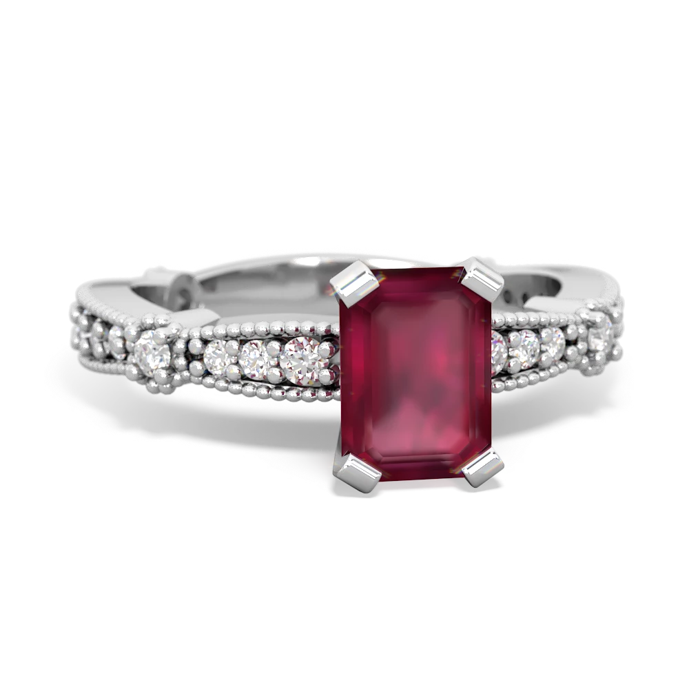 Ruby Sparkling Tiara 7X5mm Emerald-Cut 14K White Gold ring R26297EM