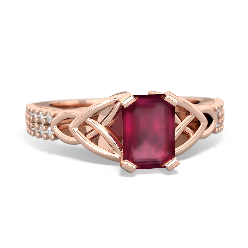 Ruby Celtic Knot 7X5 Emerald-Cut Engagement 14K Rose Gold ring R26447EM