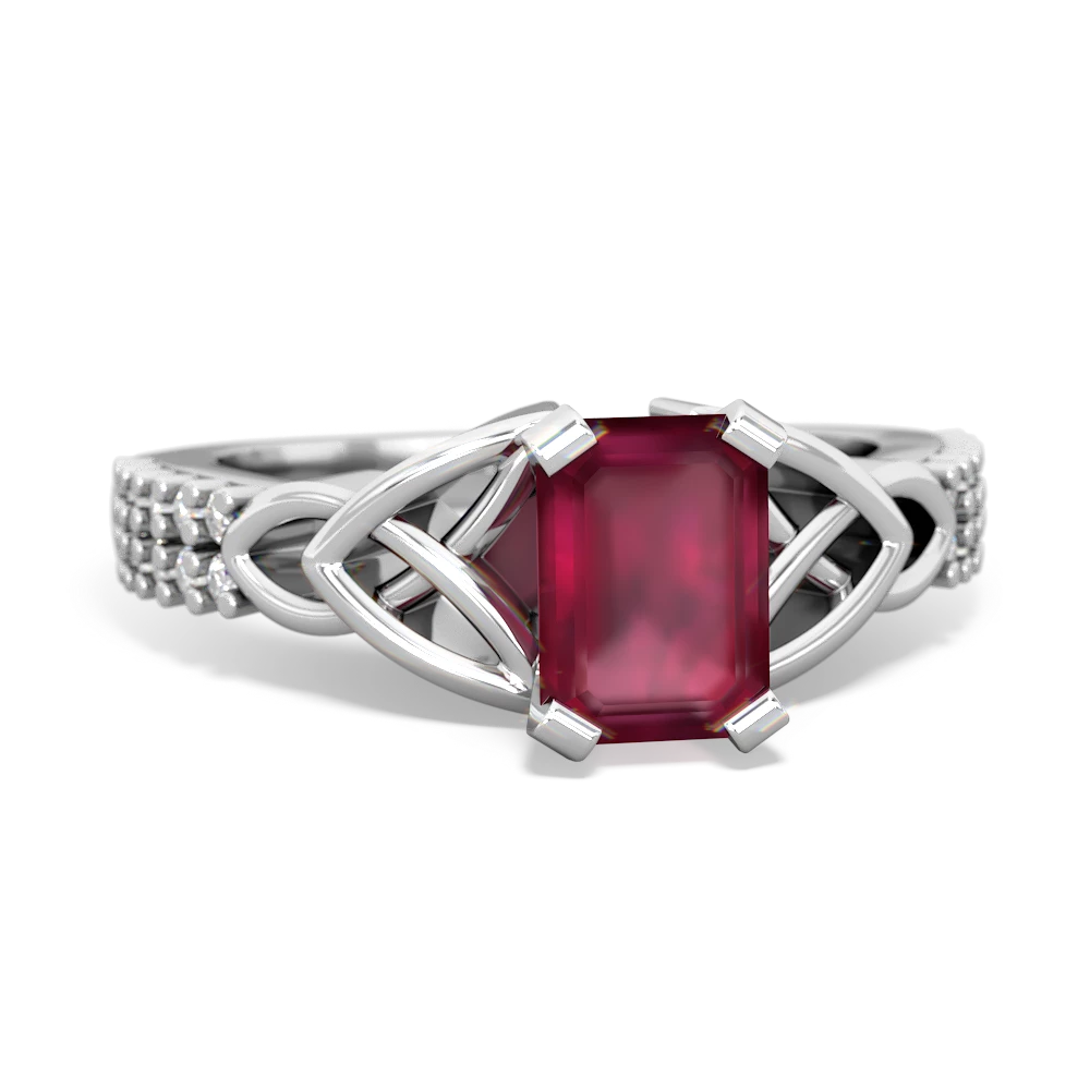 Ruby Celtic Knot 7X5 Emerald-Cut Engagement 14K White Gold ring R26447EM