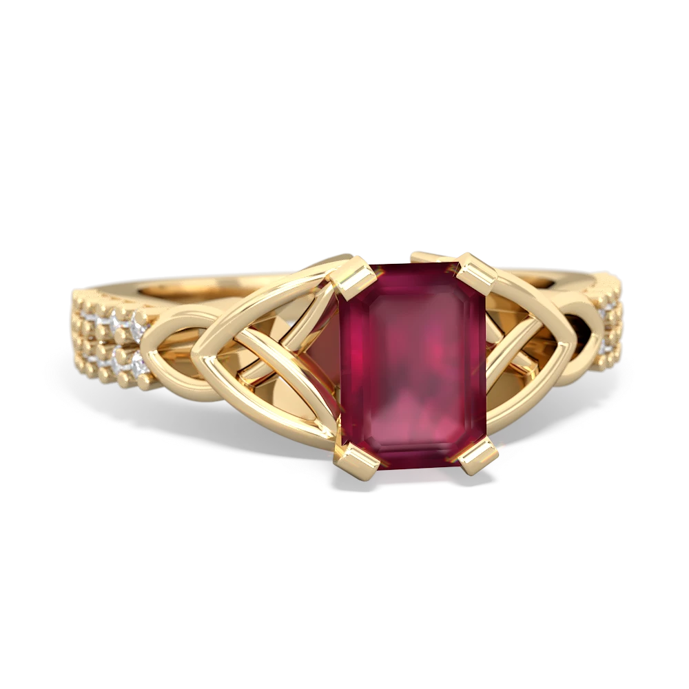 Ruby Celtic Knot 7X5 Emerald-Cut Engagement 14K Yellow Gold ring R26447EM