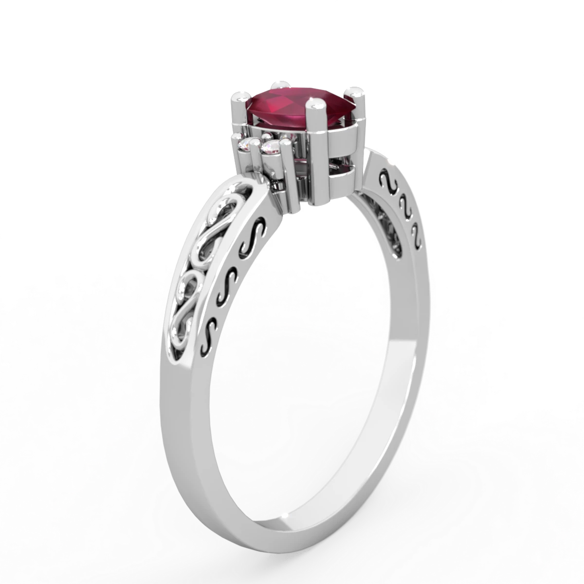 Ruby Filligree Scroll Oval 14K White Gold ring R0812