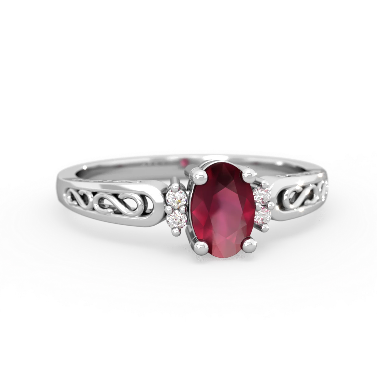 Ruby Filligree Scroll Oval 14K White Gold ring R0812