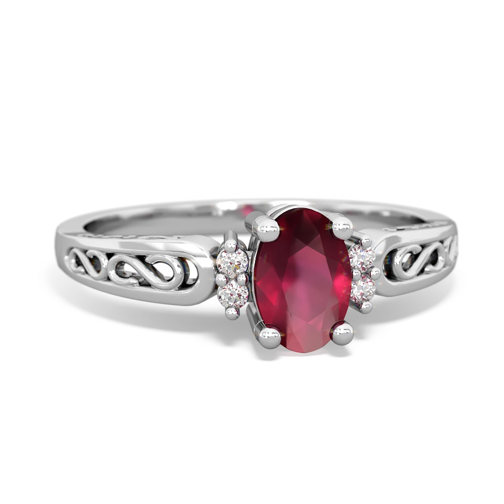 Ruby Filligree Scroll Oval 14K White Gold ring R0812