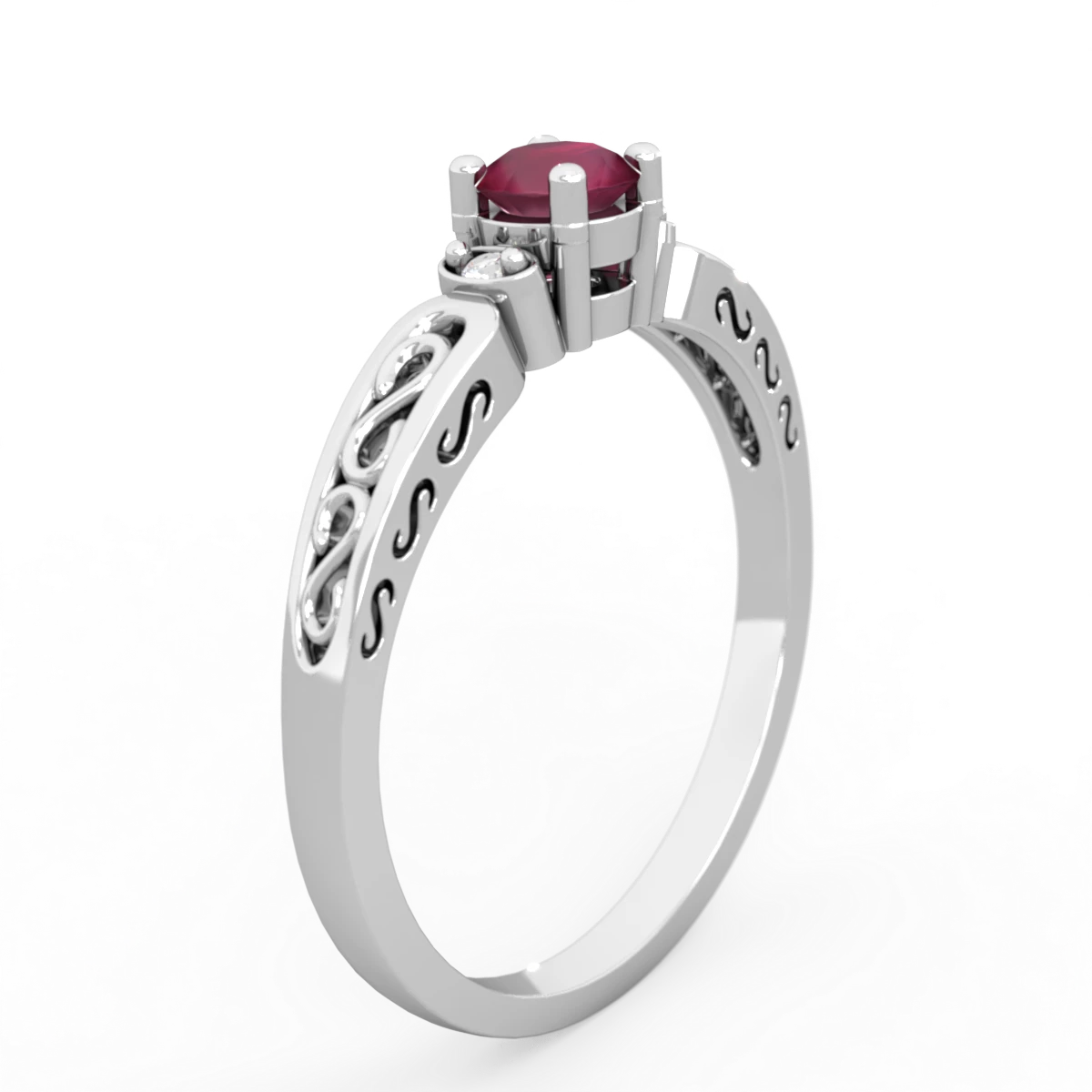 Ruby Filligree Scroll Round 14K White Gold ring R0829