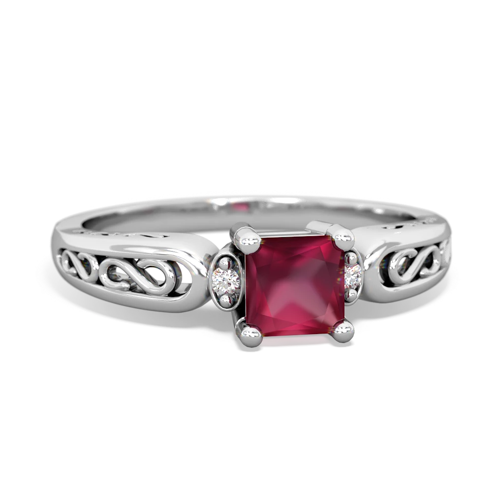 Ruby Filligree Scroll Square 14K White Gold ring R2430