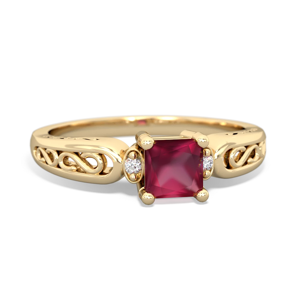 Ruby Filligree Scroll Square 14K Yellow Gold ring R2430