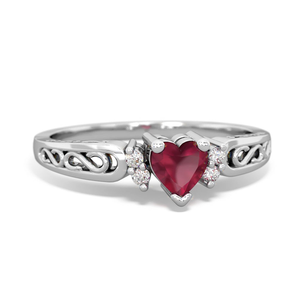 Ruby Filligree Scroll Heart 14K White Gold ring R2429