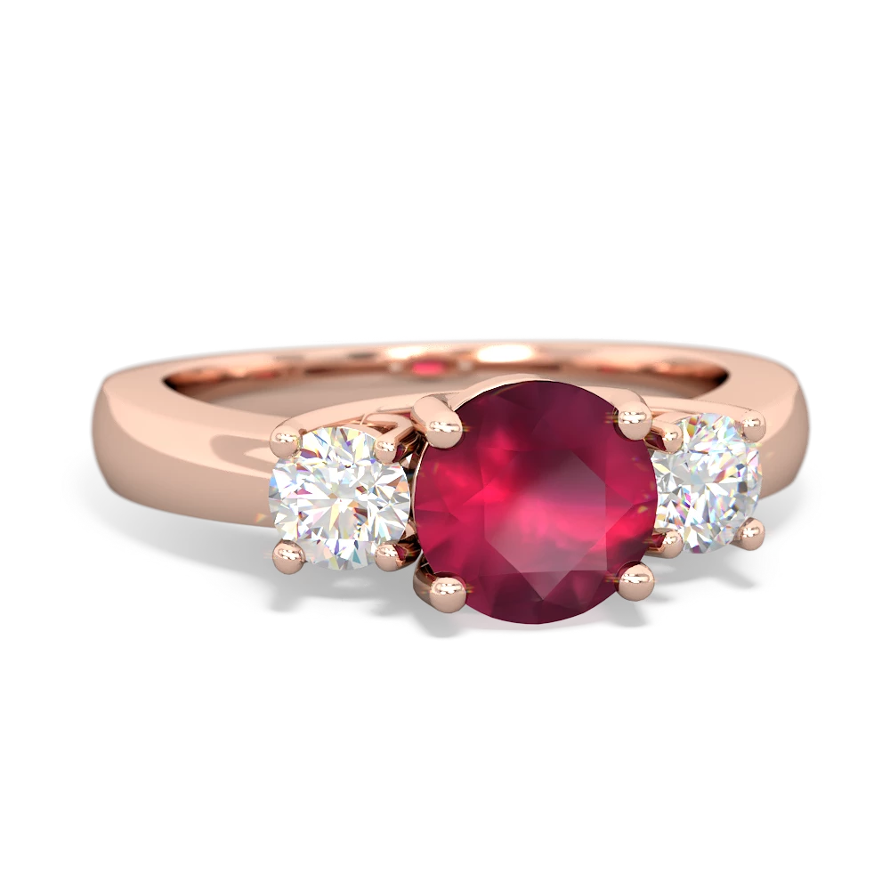 Ruby Diamond Three Stone Round Trellis 14K Rose Gold ring R4018