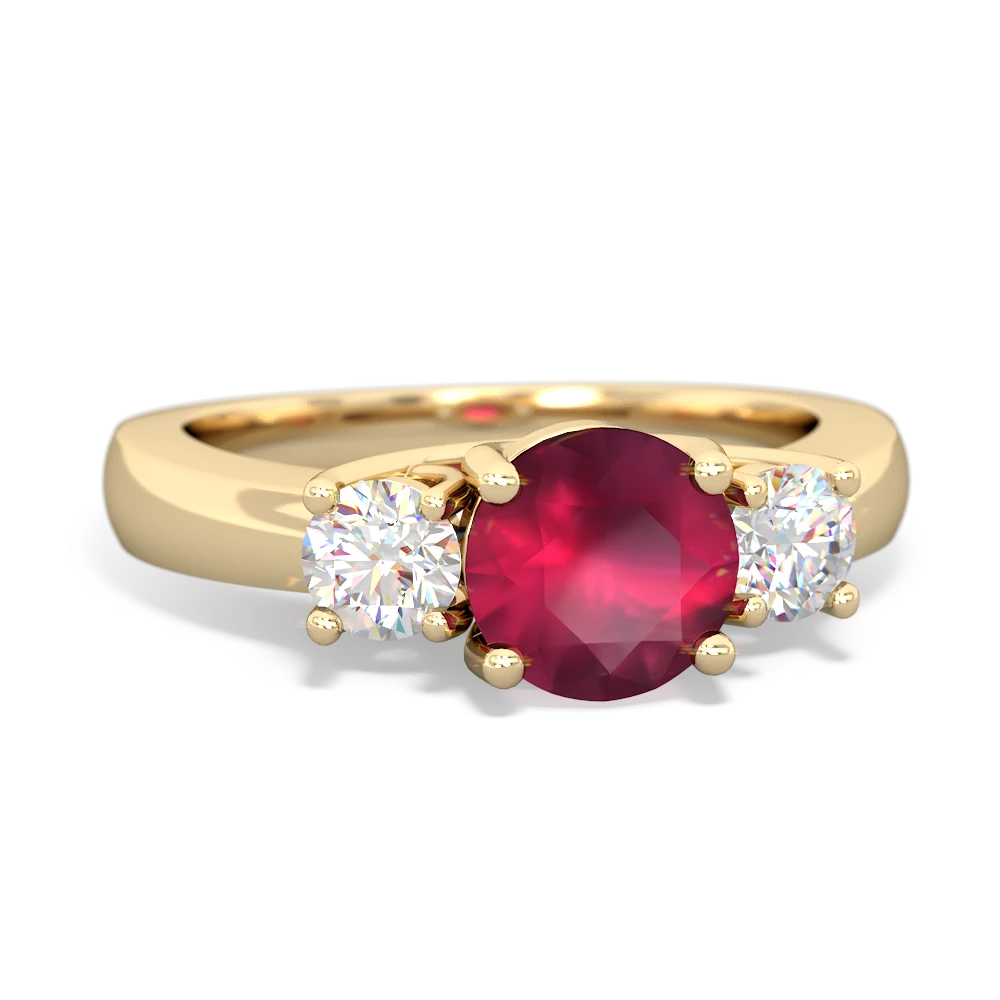 Ruby Diamond Three Stone Round Trellis 14K Yellow Gold ring R4018