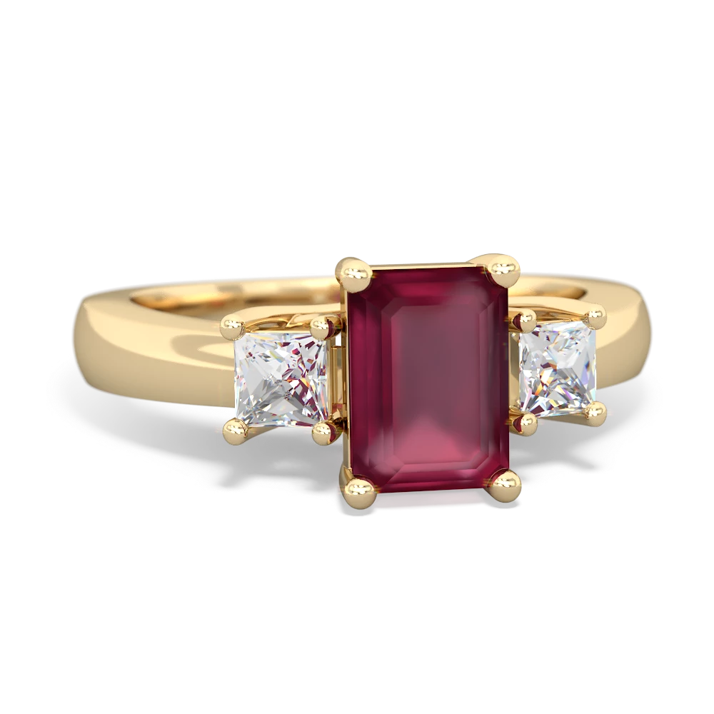 Ruby Diamond Three Stone Emerald-Cut Trellis 14K Yellow Gold ring R4021