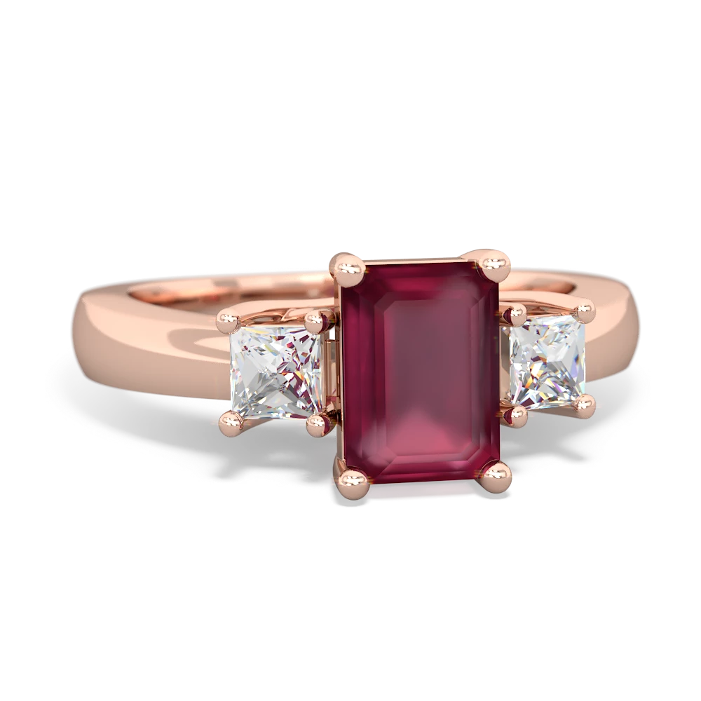 Ruby Diamond Three Stone Emerald-Cut Trellis 14K Rose Gold ring R4021