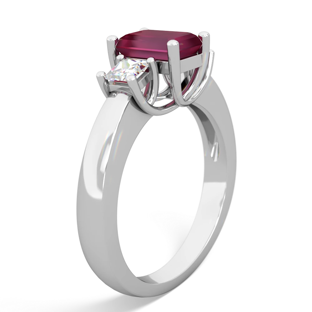 Ruby Diamond Three Stone Emerald-Cut Trellis 14K White Gold ring R4021