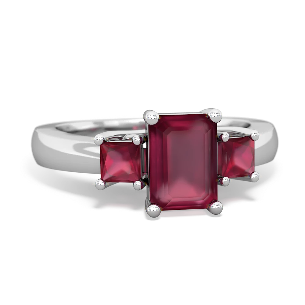 Ruby Three Stone Emerald-Cut Trellis 14K White Gold ring R4021