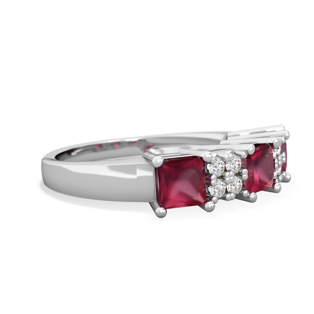 Ruby Three Stone Diamond Cluster 14K White Gold ring R2592